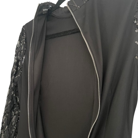 PrettyLittleThing Black Bodycon Long Sleeve Dress Sheer Sleeves Beaded - Picture 11 of 13